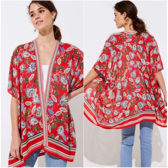 LOFT Accessories - ANN TAYLOR LOFT Border Floral Kimono Wrap Ruana Topper Red OVERSIZED Loose XS/S